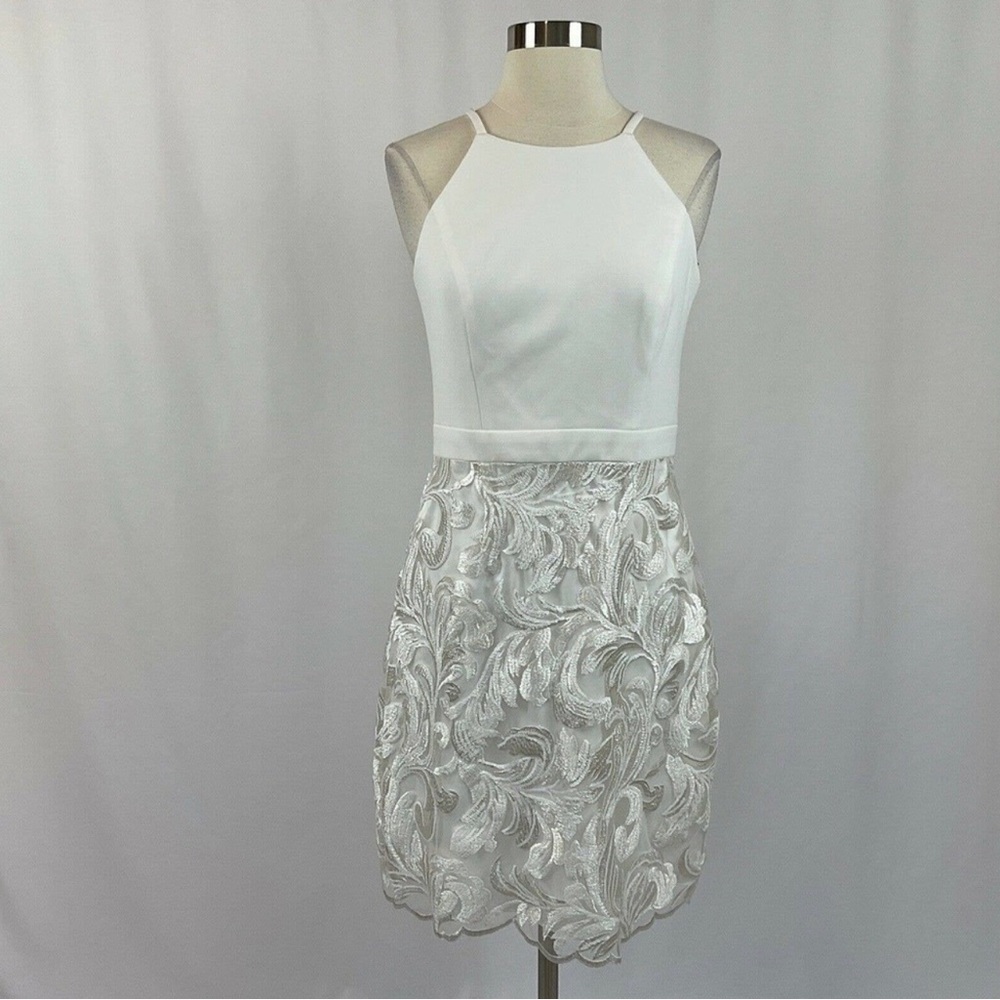 Vince Camuto Women's Cocktail Dress Size 14 White Embroidered Crepe Sheath